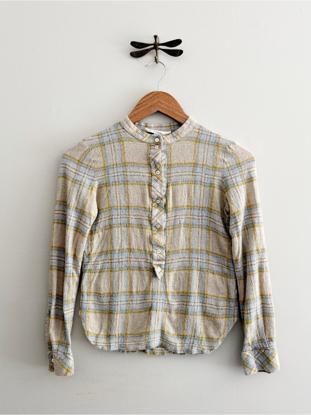 Vanessa Bruno Plaid Cropped Cotton and Wool Peasant Blouse in Tan and Blue